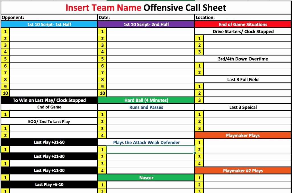 Printable Football Play Call Sheet Template Free