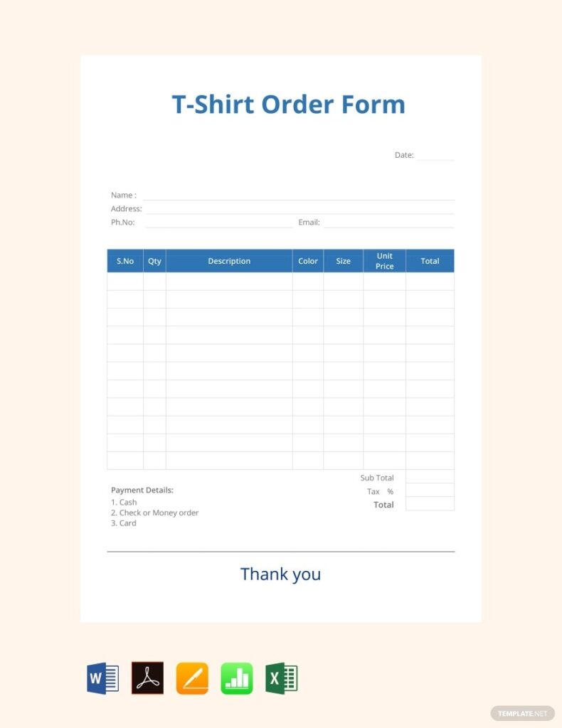 Template Free Printable Blank T Shirt Order Form