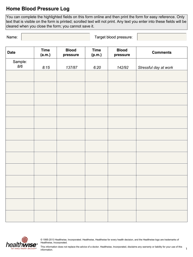 Blood Pressure Chart Free Printable