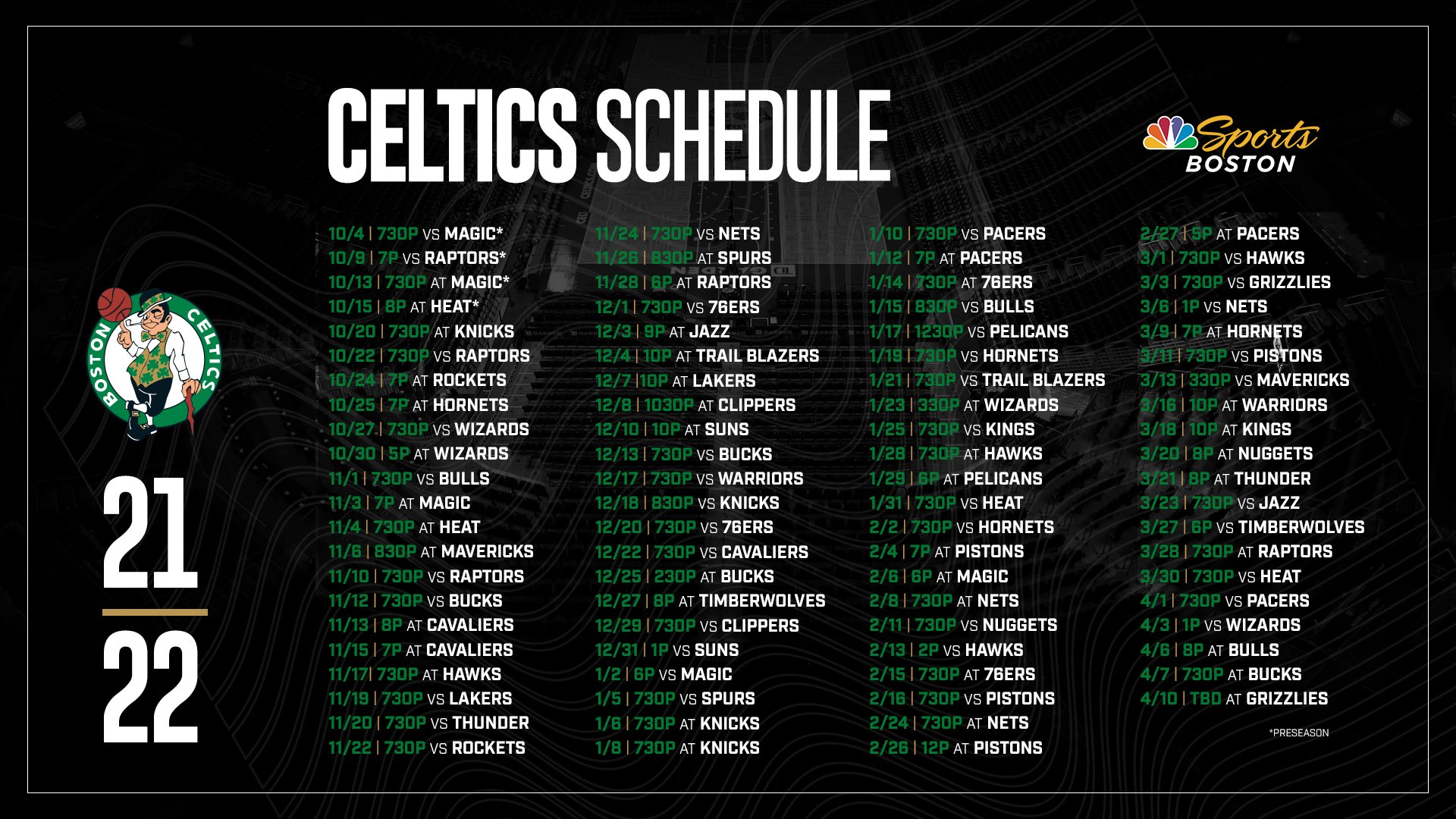 Boston Celtics Printable Schedule
