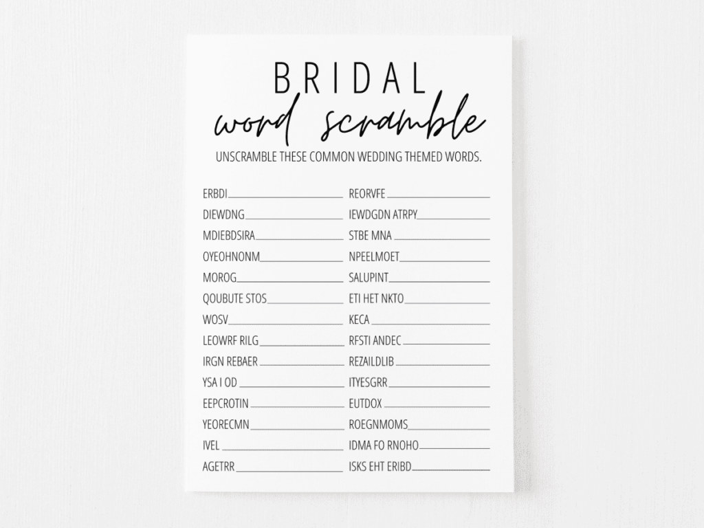 Bridal Shower Word Scramble Free Printable Modern MOH