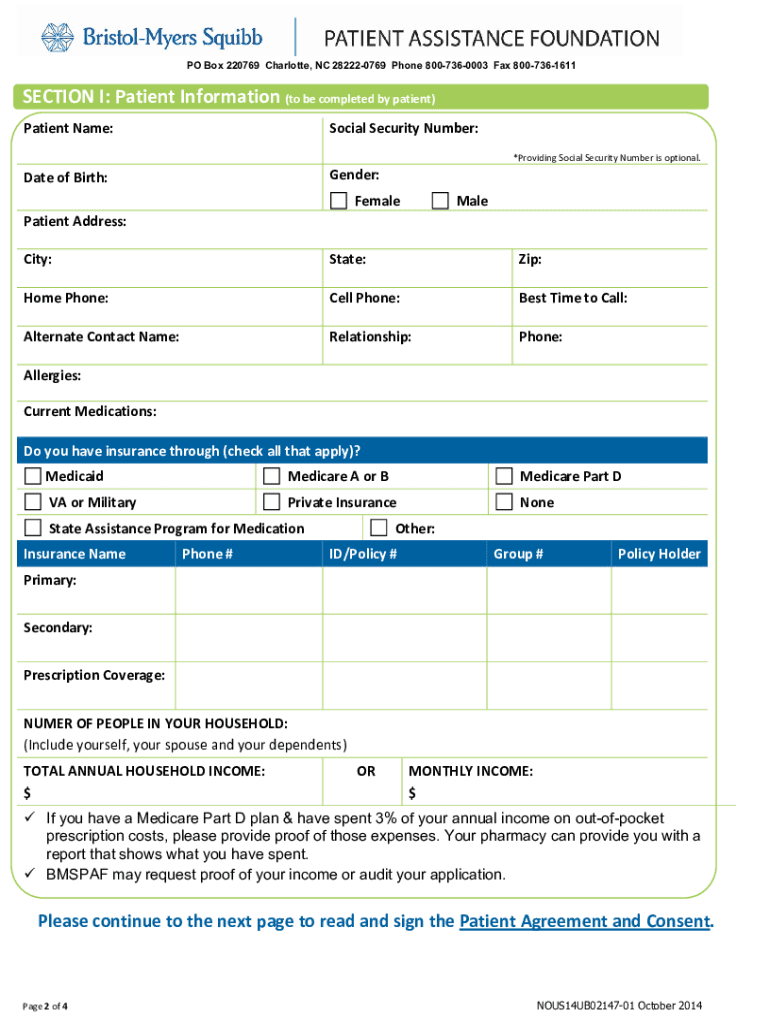 Bristol Myers Squibb Patient Assistance Enrollment Form 2019 Fill Out Sign Online DocHub