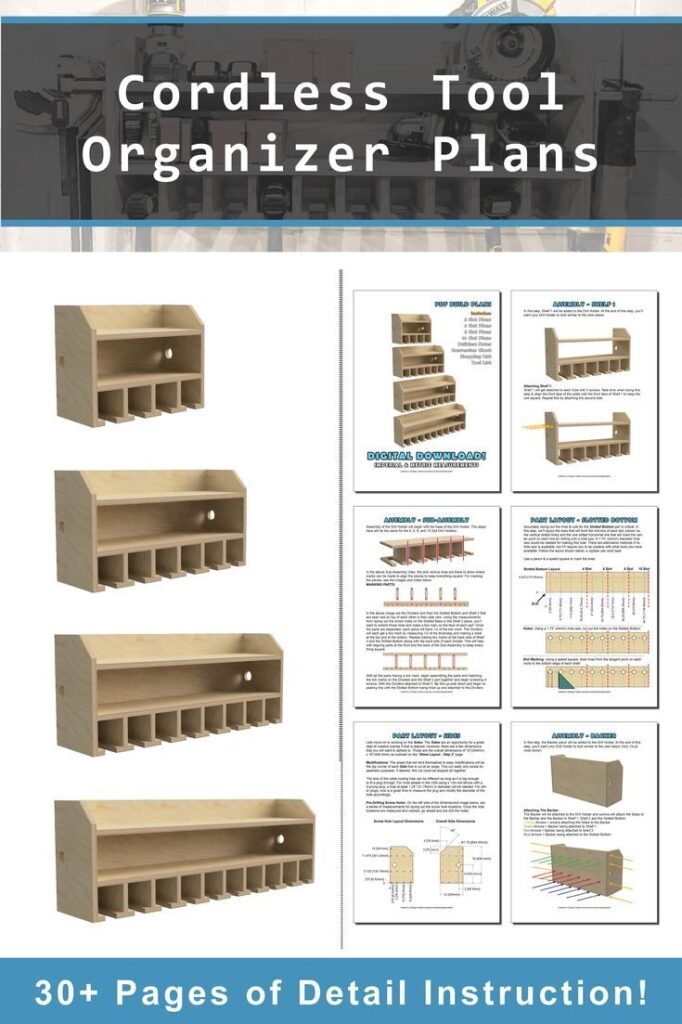 Bundle Of DIY Cordless Power Tool Storage Shelf Woodworking Etsy Woodworking Plans Shelves Tool Organization Garage Workbench Plans