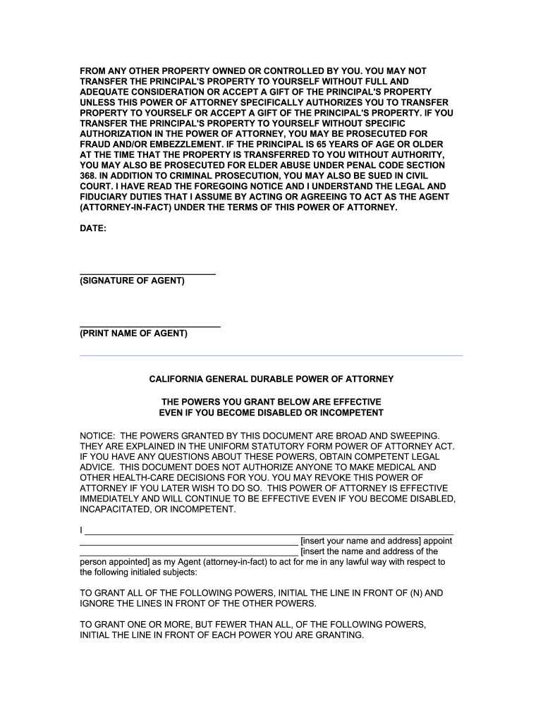 California General Durable Power Of Attorney Fillable Form Fill Out Sign Online DocHub