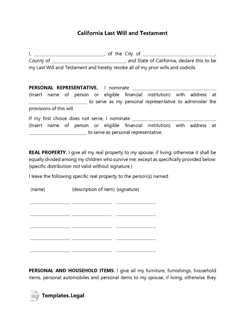 Free Last Will And Testament Printable Form