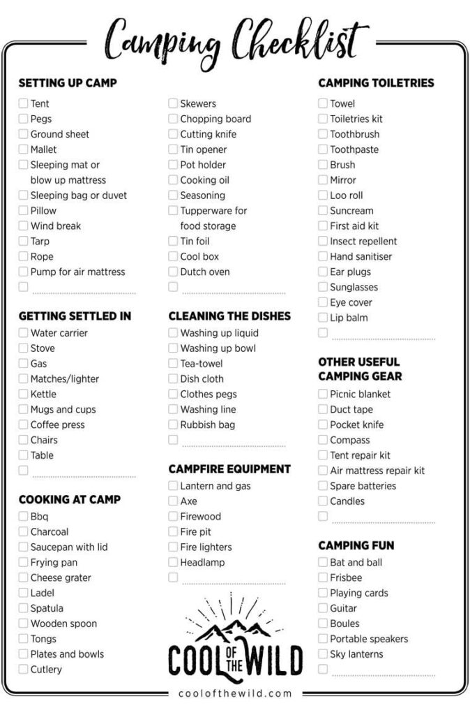 Camping Checklist Everything You Need For A Cool Time In The Wild Camping Packing List Camping Checklist Camping Packing