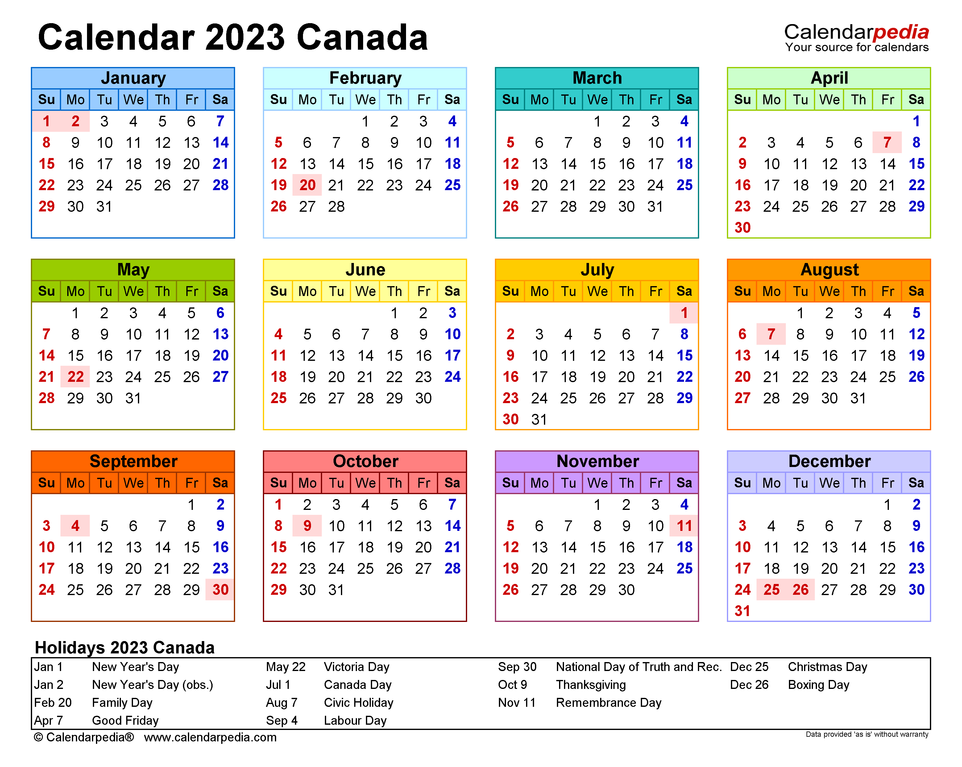 2023 Canadian Calendar Printable With Holidays