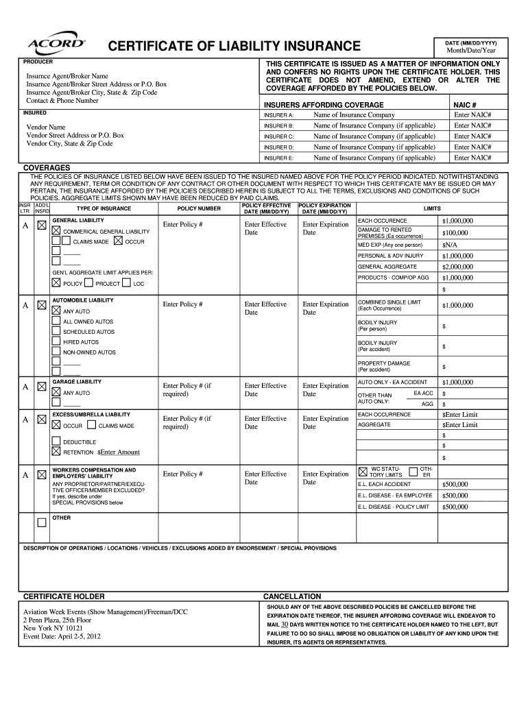 Certificate Of Insurance Form Fill Online Printable Fillable Blank PdfFiller