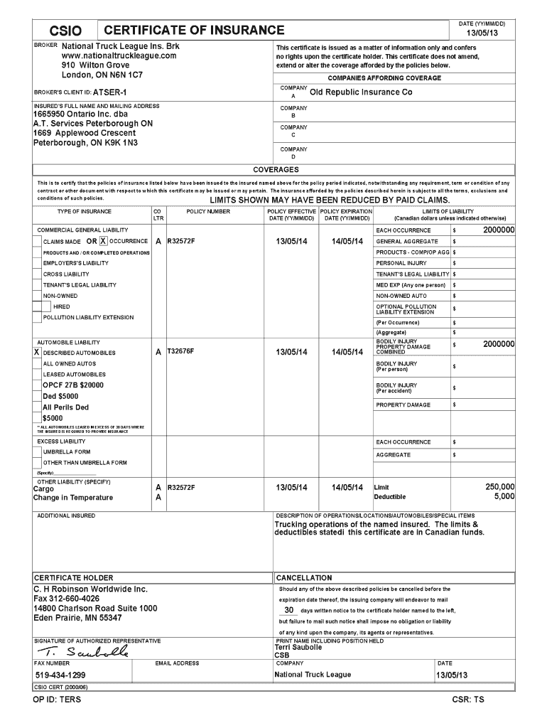 Certificate Of Insurance Form Fill Online Printable Fillable Blank PdfFiller