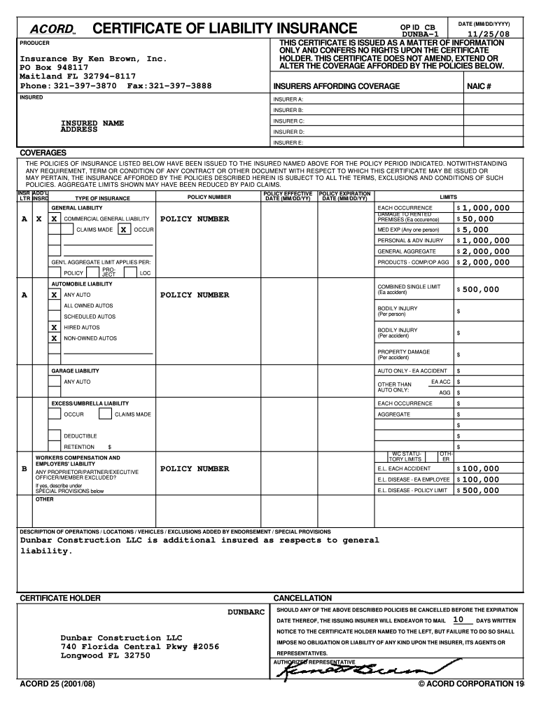 Certificate Of Liability Insurance Form Fill Out Sign Online DocHub