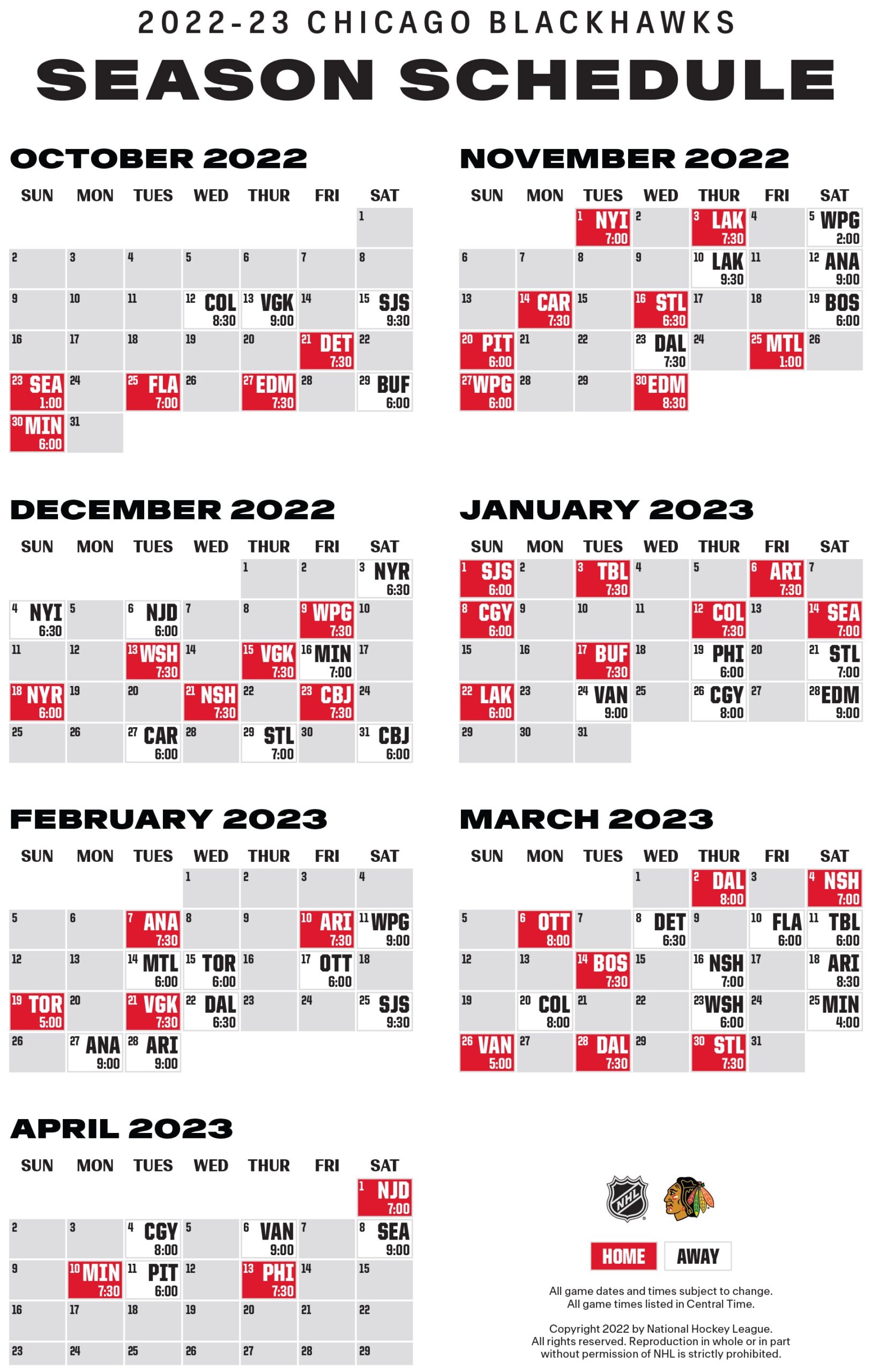 Printable Chicago Blackhawks Schedule