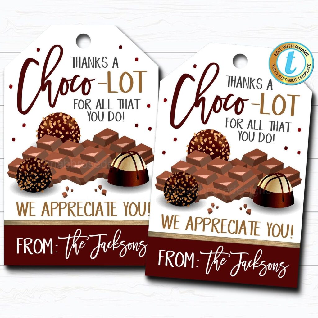 Chocolate Candy Gift Tags Thanks A Choco lot Staff Employee Etsy Candy Gifts Gift Tags Valentine Chocolate