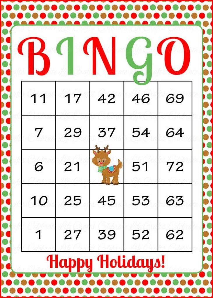 Christmas Bingo Cards Printable Download Prefilled Christmas Party Games Polka Dot Reindeer CH3002 Bingo Cards Printable Valentine Bingo Cards Christmas Bingo