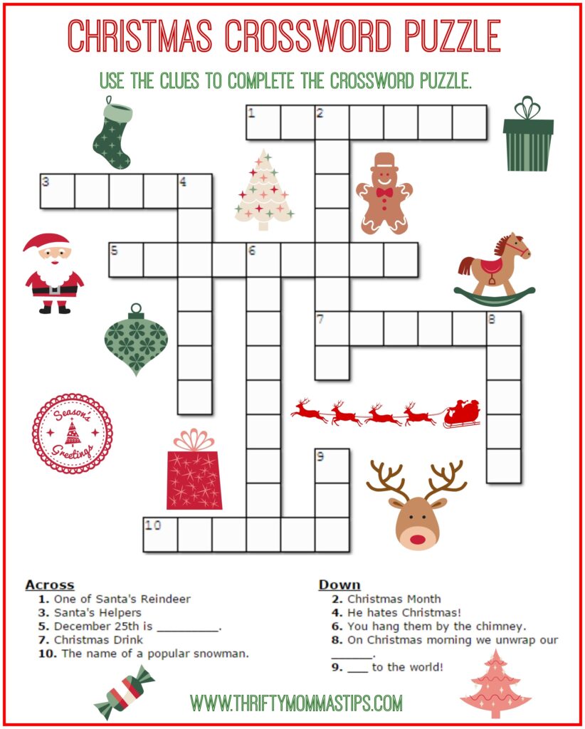 Christmas Crossword Puzzle Printable Thrifty Momma s Tips