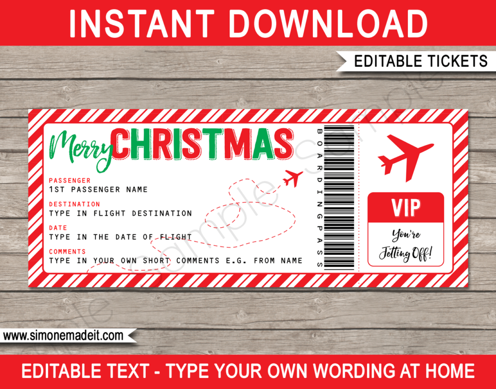 Christmas Gift Boarding Pass Ticket Template Surprise Trip Reveal
