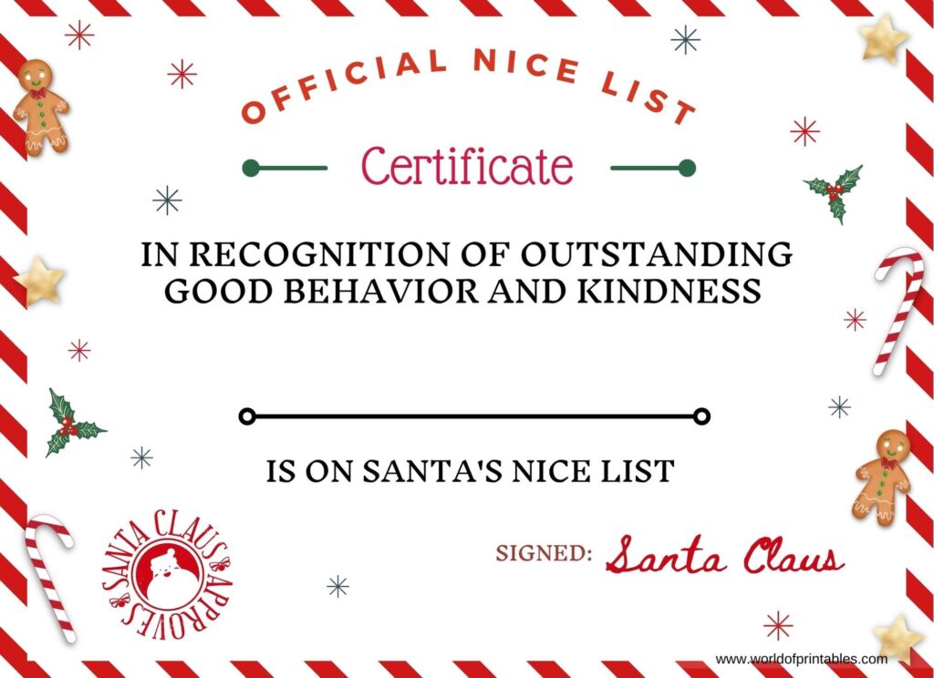 Christmas Nice List Certificate From Santa Free Printable To Personalize