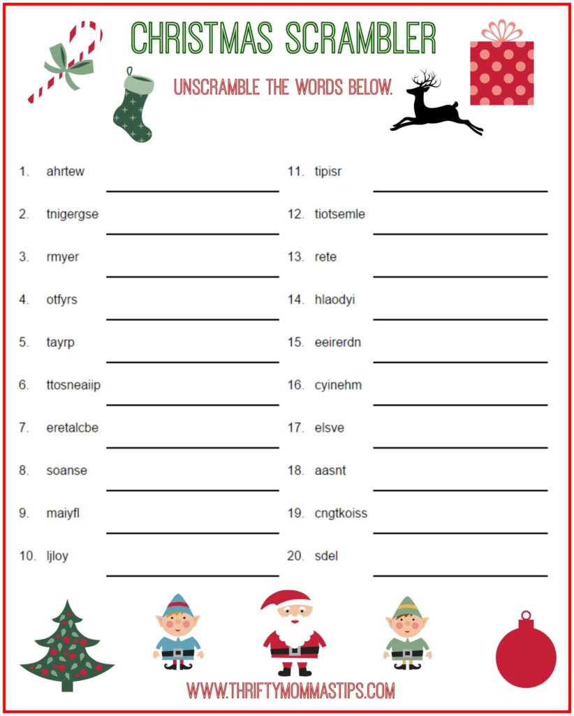 Christmas Scrambler Free Word Game Puzzle Thrifty Mommas Tips Christmas Worksheets Printable Christmas Games Christmas Quiz