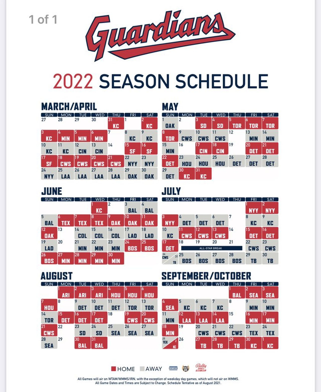 Cleveland Guardians 2022 Schedule Opens At Home March 31 Against Kansas City Royals Cleveland