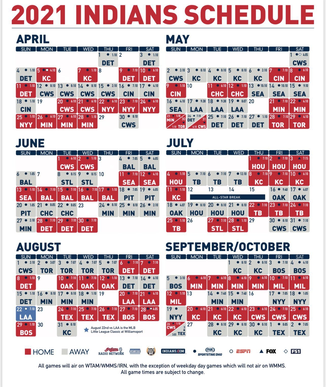 Cleveland Indians 2021 Schedule Features April 5 Home Opener Aug 22 Matchup Vs Angels In Williamsport Pa Cleveland