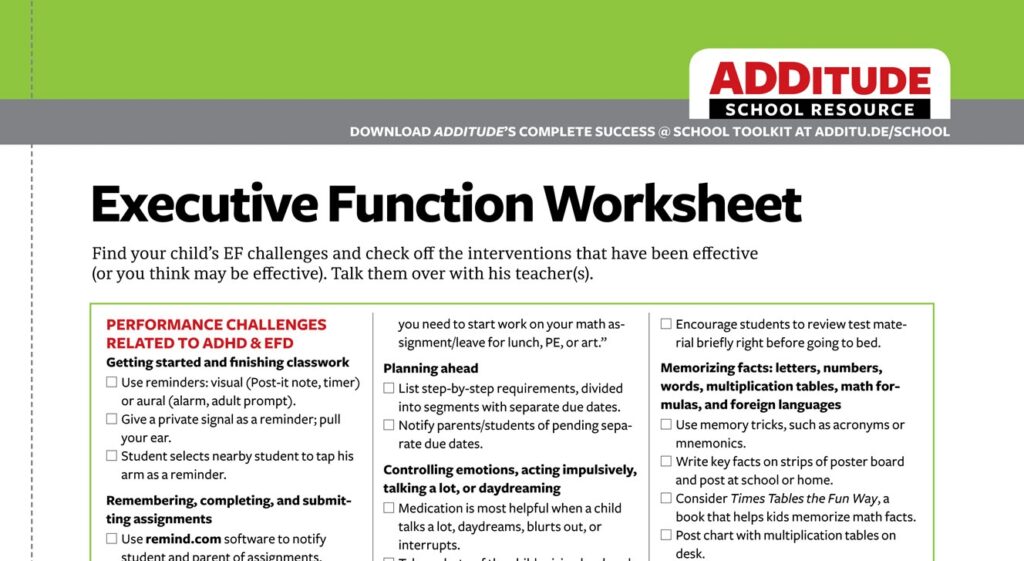 Common Executive Function Challenges ADHD Back to School Checklist