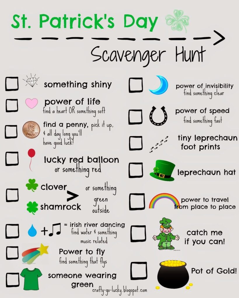 Crafty Go Lucky St Patty s Day Scavenger Hunt Free Printable St Patrick s Day Games St Patrick Day Activities St Patrick s Day Crafts