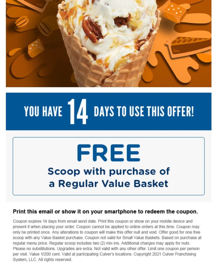 Culver s Coupon Code Free Scoop With The Purchase Of A Value Baske