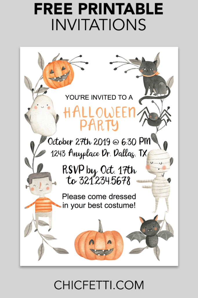 Cute Halloween Printable Invitation Chicfetti Free Halloween Invitations Kids Halloween Party Invitations Halloween Birthday Party Invitations