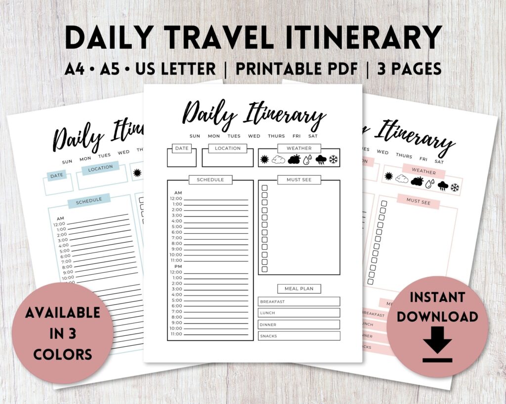 Daily Travel Itinerary Planner Printable PDF Undated Etsy de