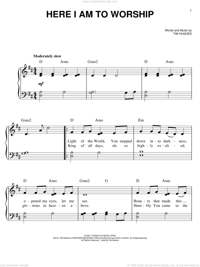 Dean Here I Am To Worship Sheet Music easy Version 2 For Piano Solo
