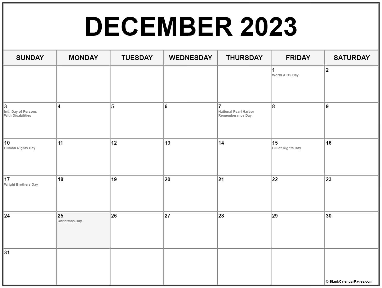 December 2023 With Holidays Calendar