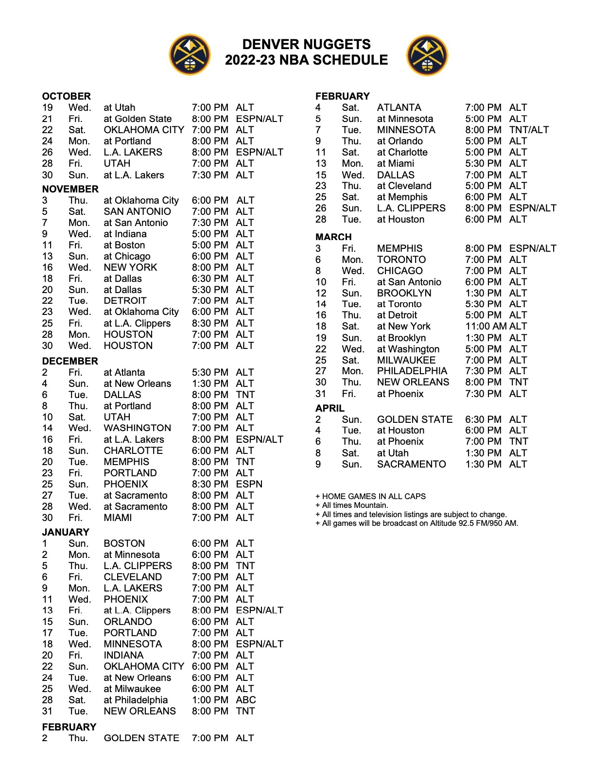 Denver Nuggets 2022 23 Schedule Released Will Play Utah Jazz On Opening Night Mile High Sports