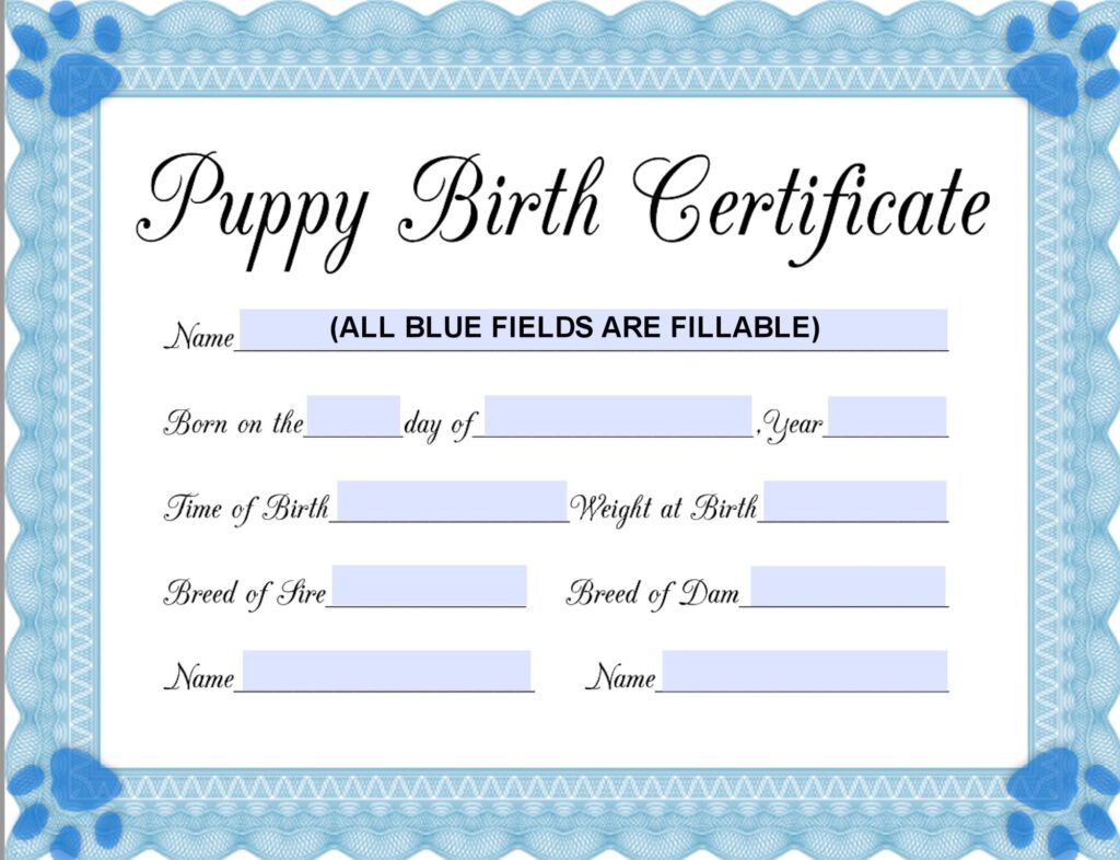 Free Printable Puppy Birth Certificate Pdf