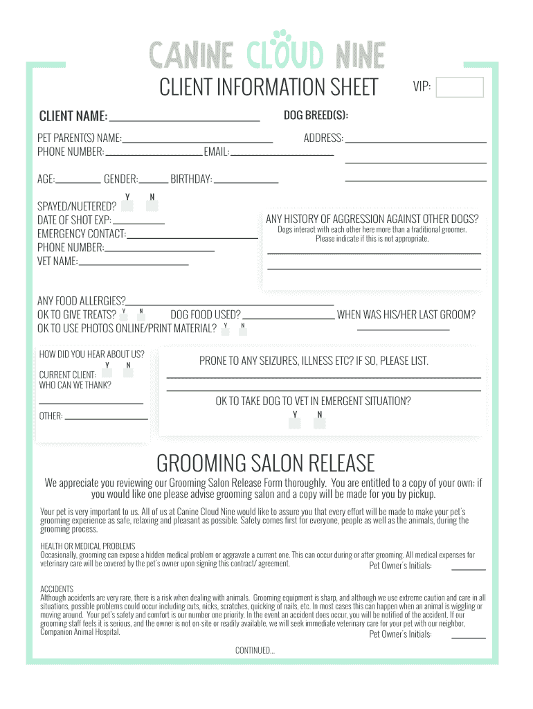 Dog Grooming New Client Form Fill Out Sign Online DocHub