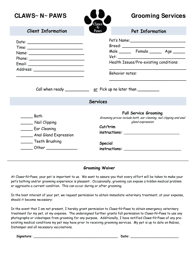 Dog Grooming Waiver Form Fill Online Printable Fillable Blank PdfFiller