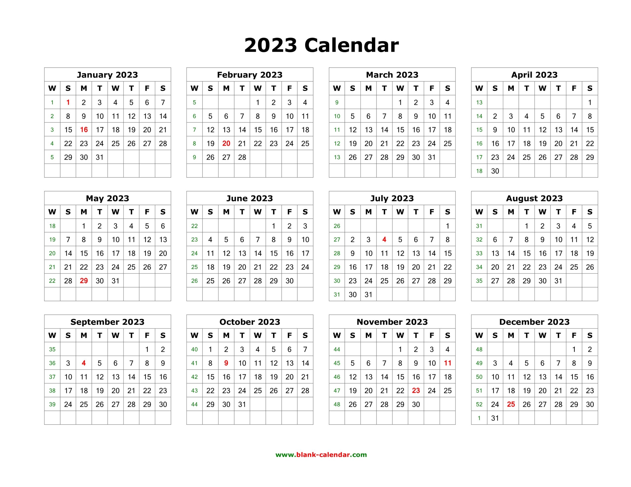 12 Month 2023 Calendar Printable