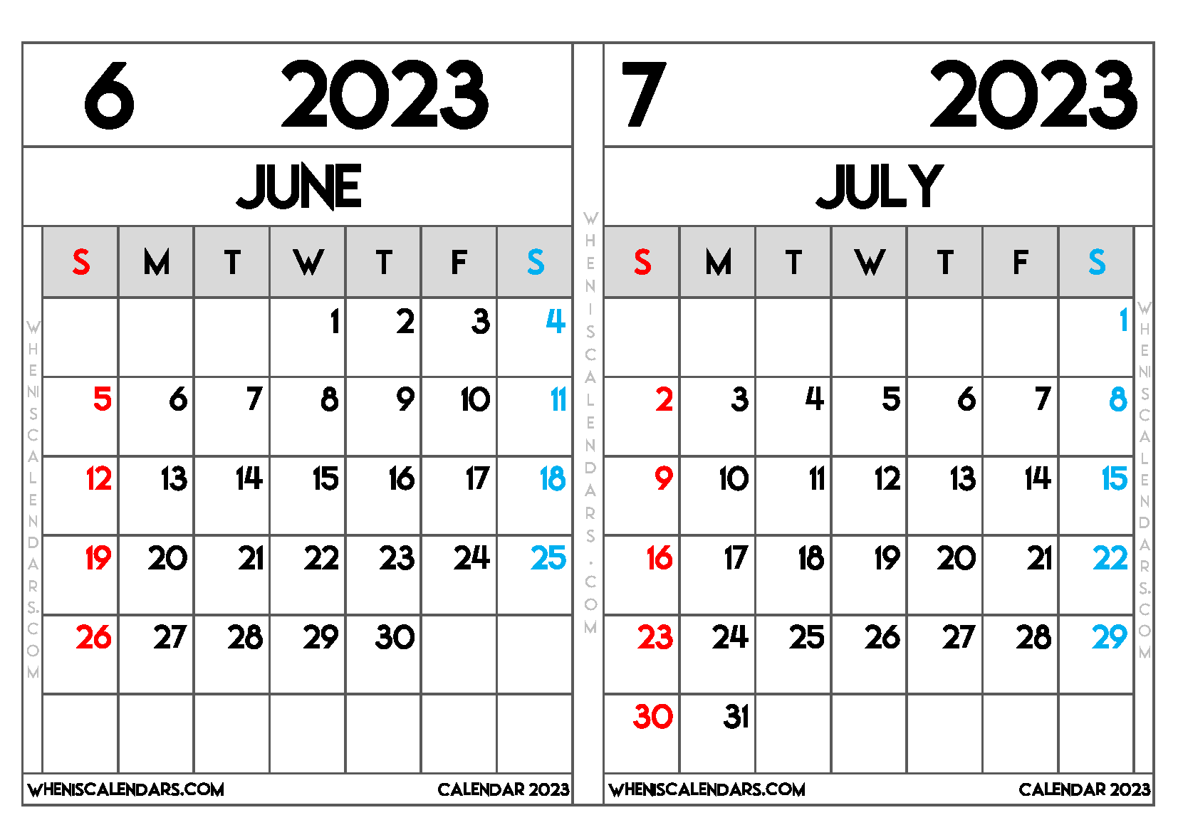 June And July 2023 Calendar Printable