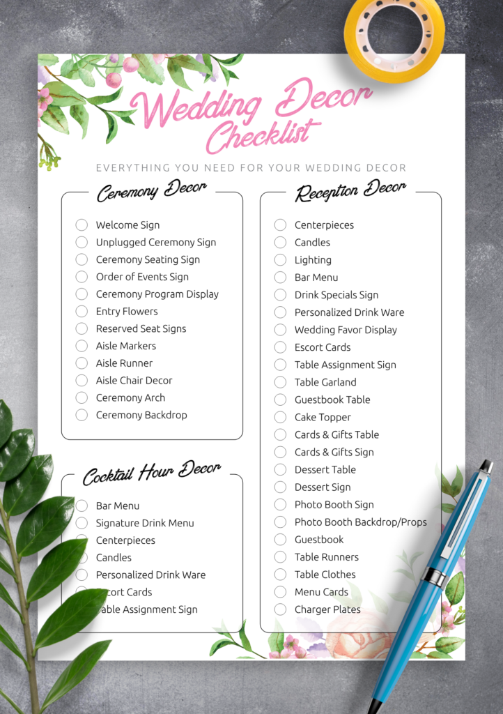 Download Printable Wedding Decor Checklist PDF