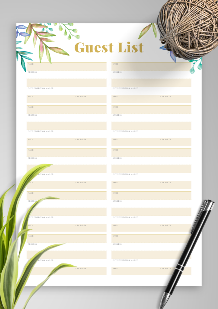 Download Printable Wedding Guest List With Botanical Pattern PDF