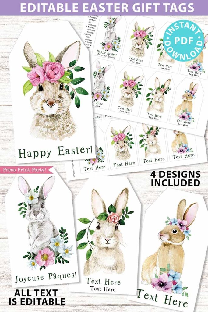 Easter Gift Tags Printable Watercolor Bunnies Press Print Party 