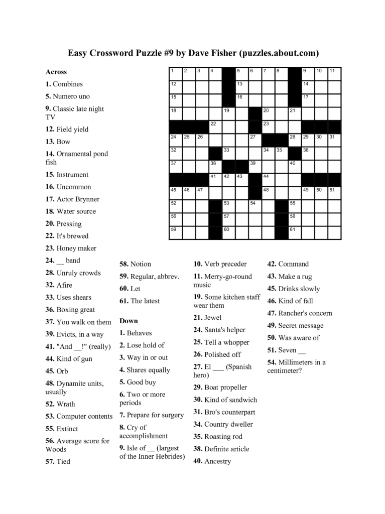 Easy Crossword Puzzles Printable Free