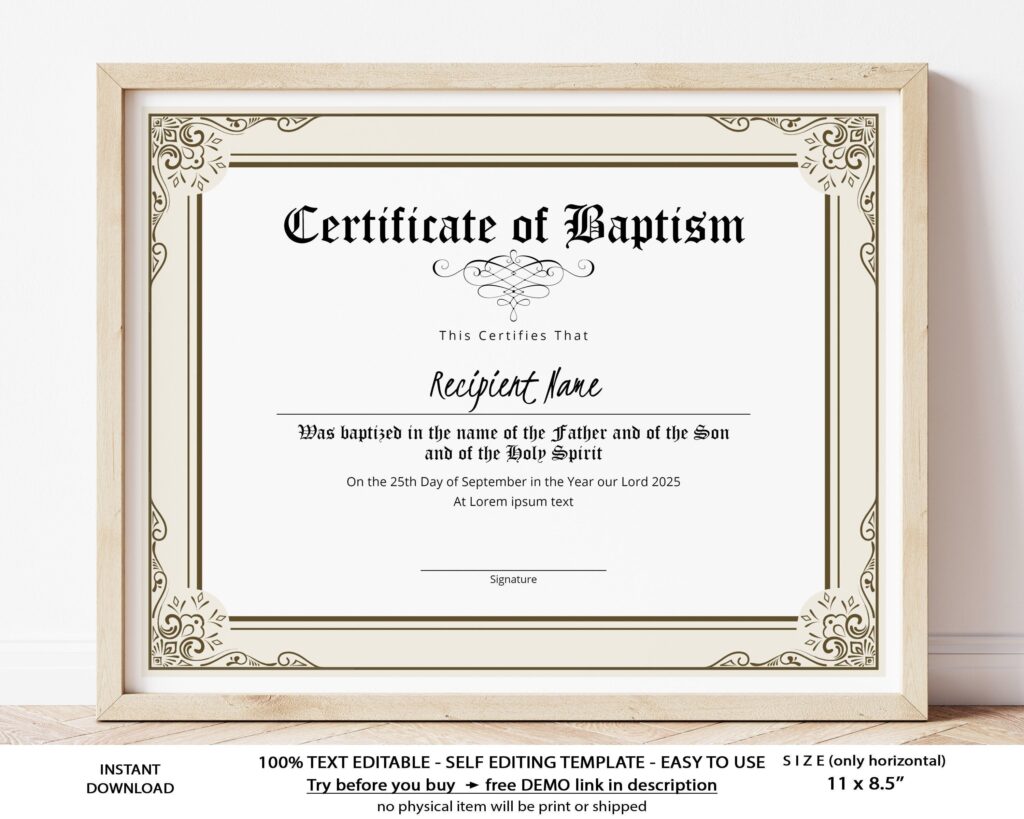 Editable Certificate Of Baptism Template Printable Church Etsy de