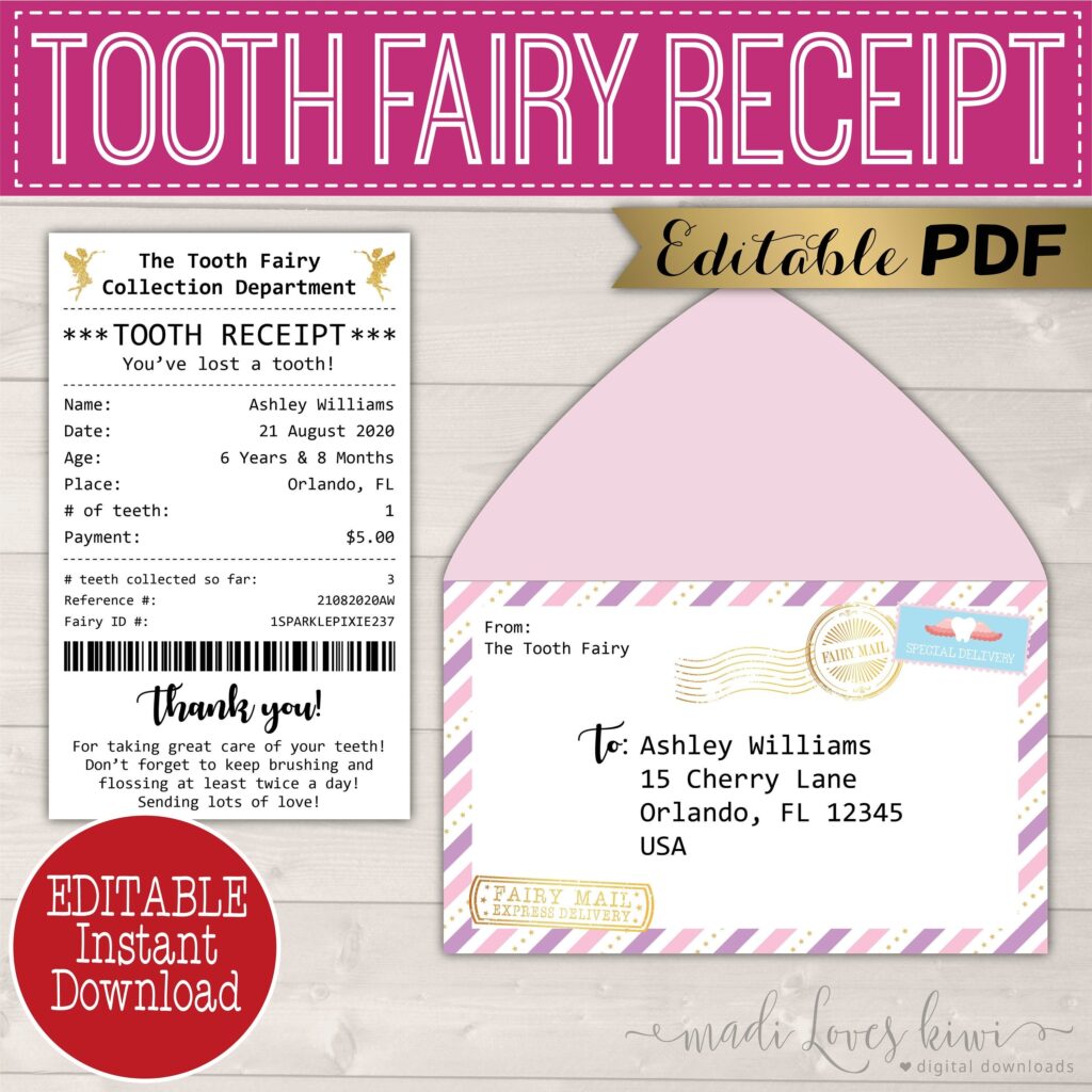 Editable Girl Tooth Fairy Receipt Printable Lost Letter PDF Etsy de