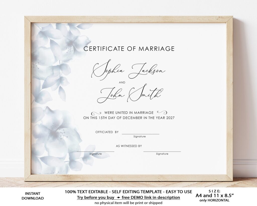 Editable Marriage Certificate Printable Wedding Keepsake Etsy de