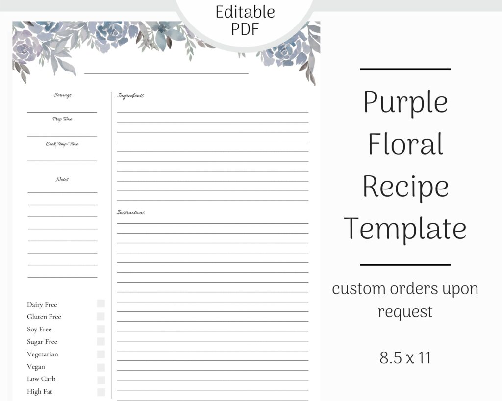 Editable Recipe Page Floral Printable Recipe Card Blank Etsy de