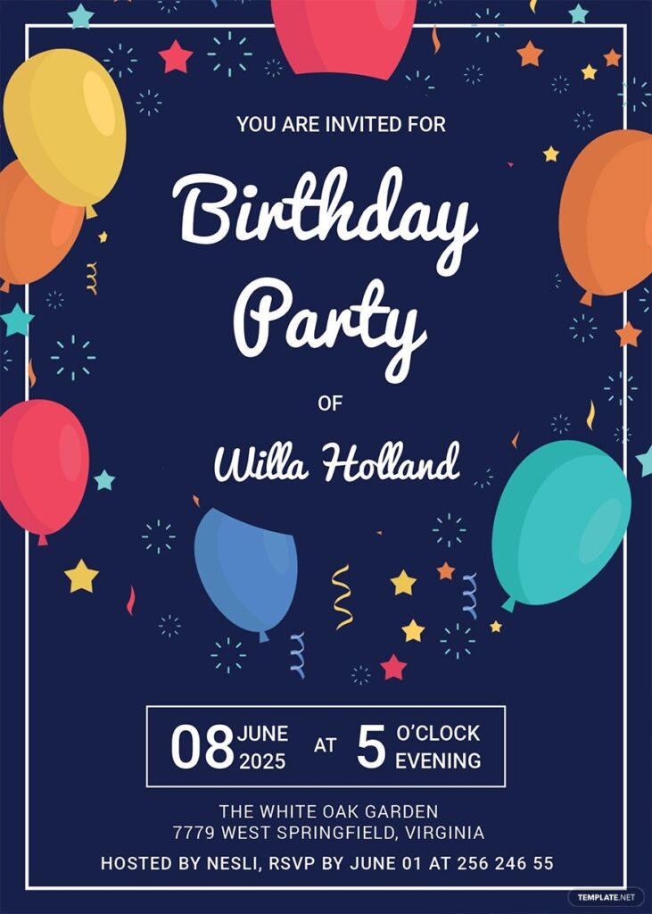 Elegant Birthday Party Invitation Template Illustrator Word Outlook Apple Pages PSD Publisher Template