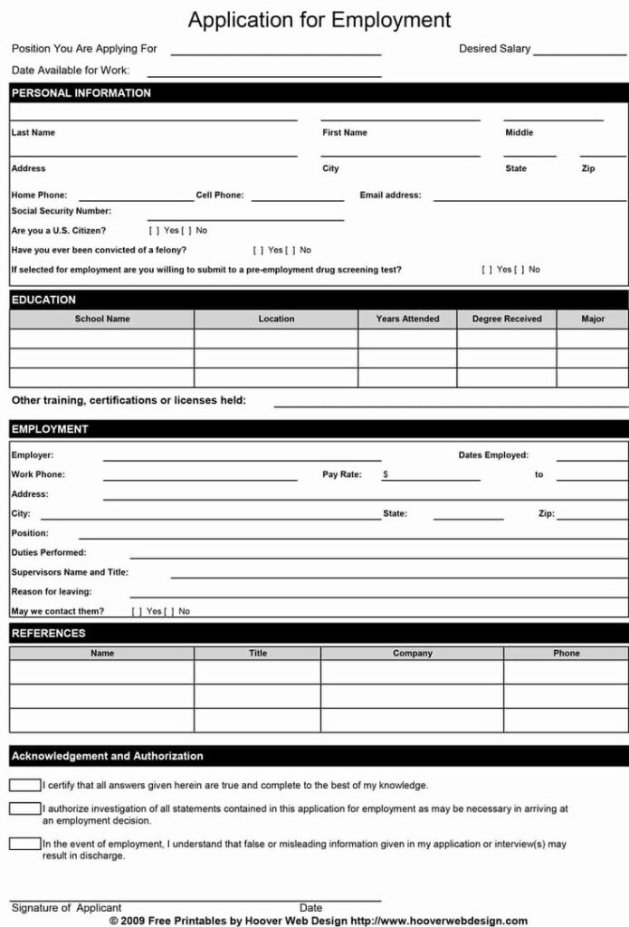 Free Printable Application For Employment