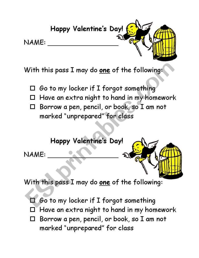 English Worksheets Get Out Of Jail Free Card