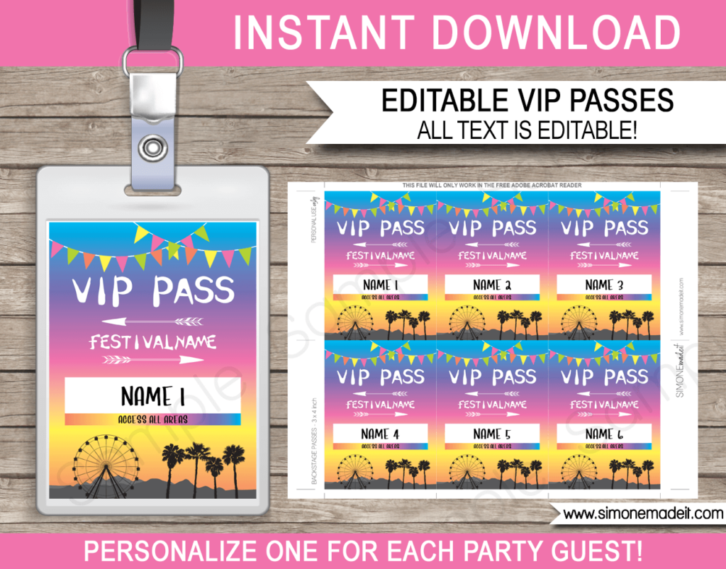 Festival Party VIP Passes Template Bright Colors Vip Pass Coachella Theme Party Coachella Party