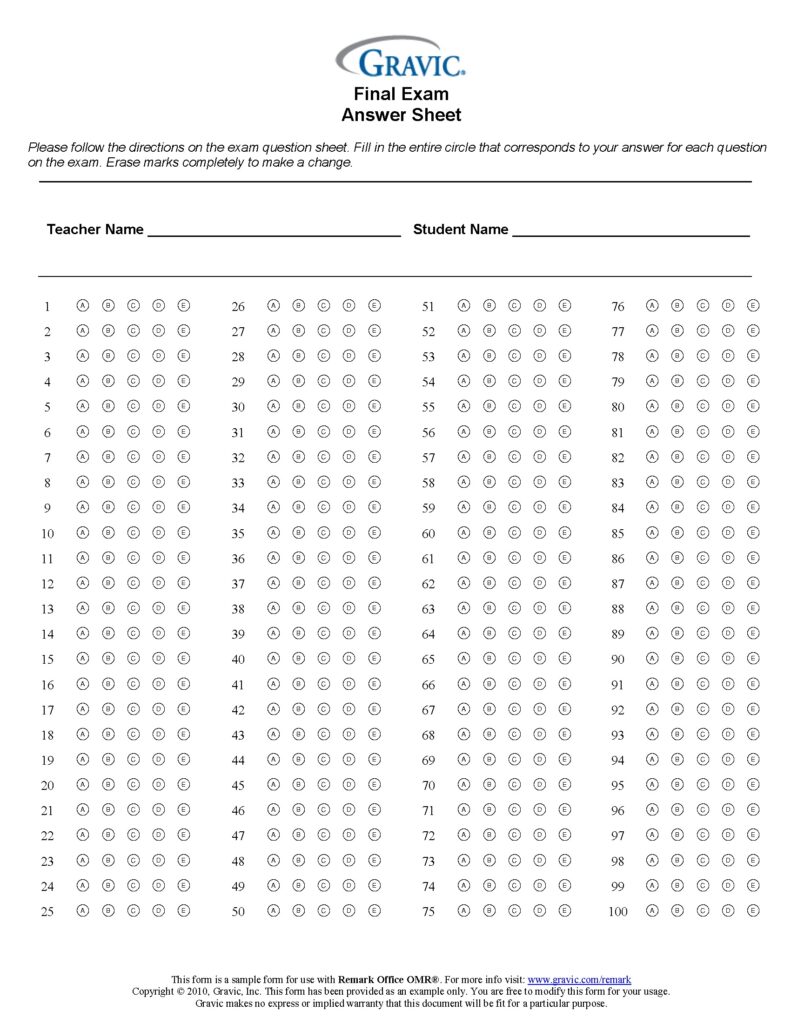 Final Exam 100 Question Test Answer Sheet Remark Software