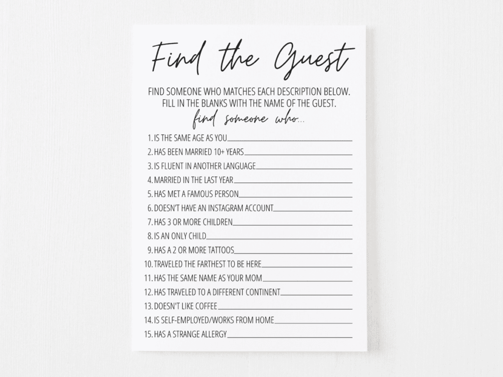 Find The Guest Bridal Shower Game Free Printable Modern MOH